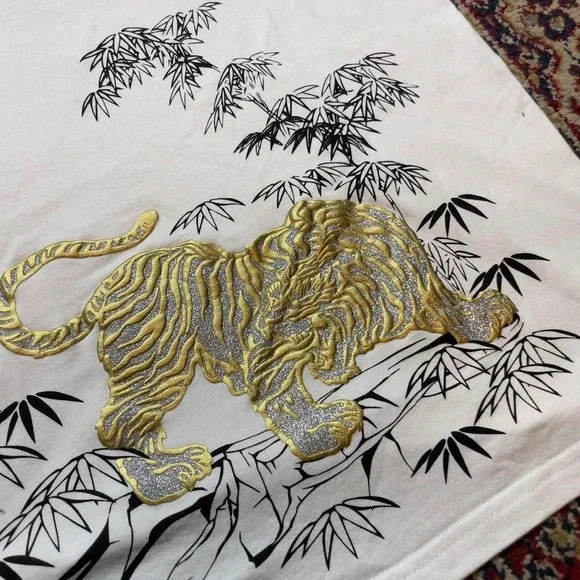 VTG 00s Foye ed hardy style puff print abstract tiger tshirt XL gold white - Picture 4 of 5